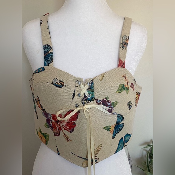 Cider Tops - Cider‎ Beige Floral Lace-Up Tank Top